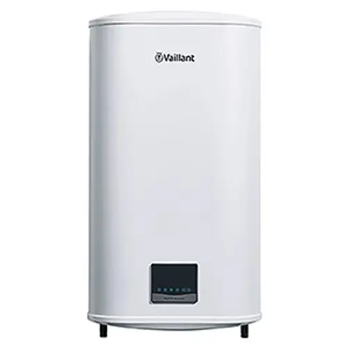 Vaillant Elektro-Wandspeicher in zylindrischer Form, weiß, mit digitalem Bedienfeld für temperatureinstellungen und Betriebsanzeige auf der Front.